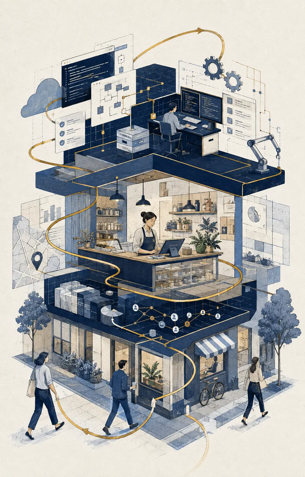 An editorial illustration connecting a local business with software, automation, dashboards, and returning customers